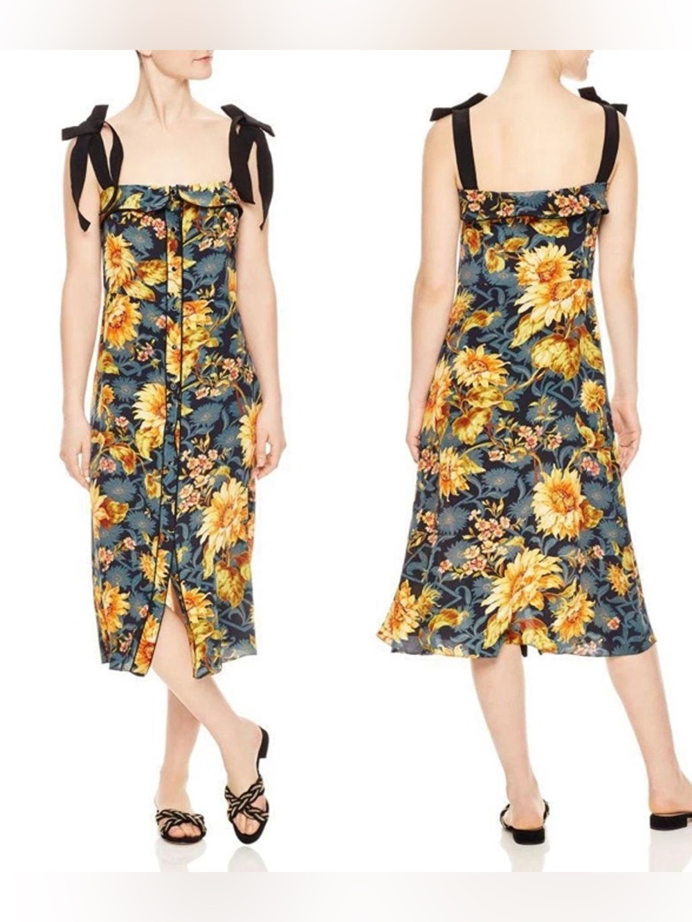 Sandro Sunflower Silk Midi Dress - Size 38